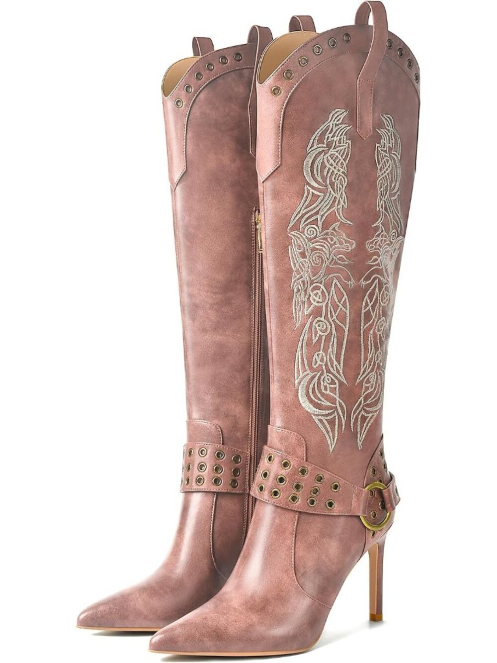 Women's Pink Knee High Cowgirl Boots Stiletto High Heel Pointed Toe Side Zip